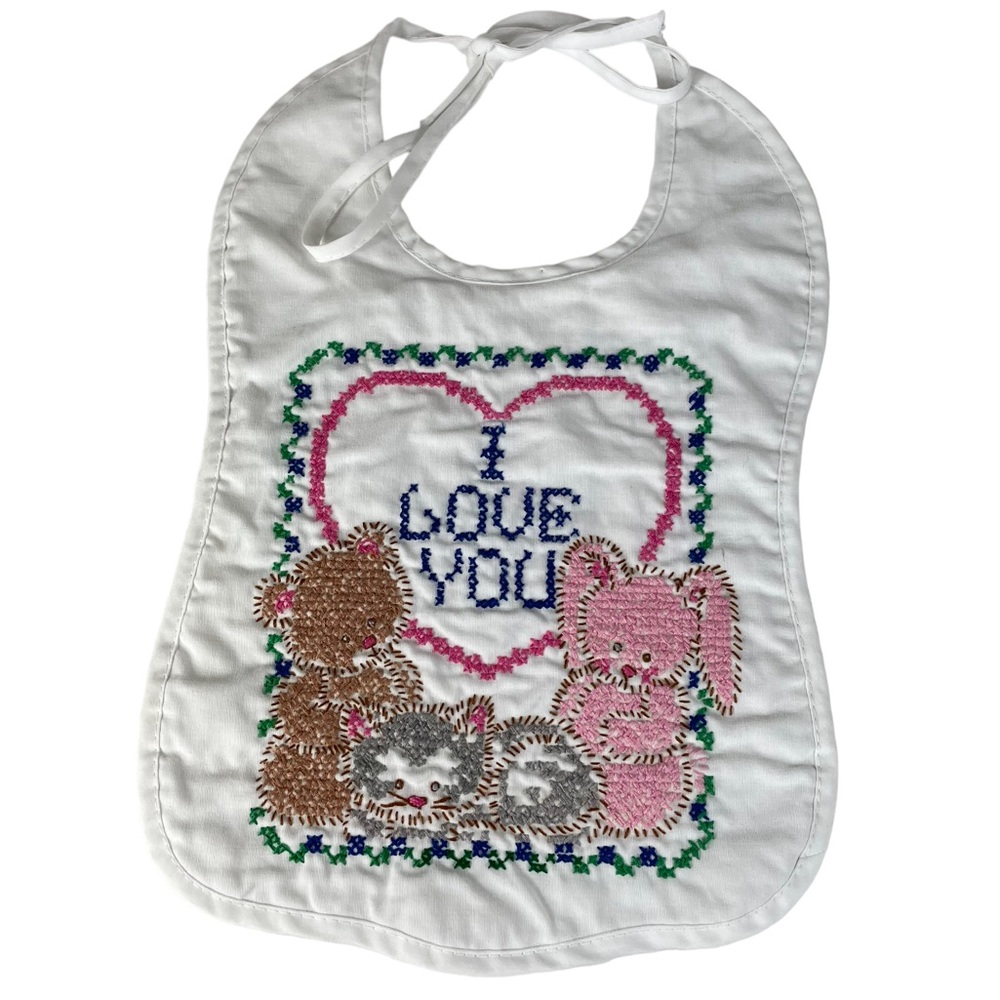 Vintage Handmade Cross Stitch Baby Bib Kitten Bunny Bear I Love You Tie-up Heart